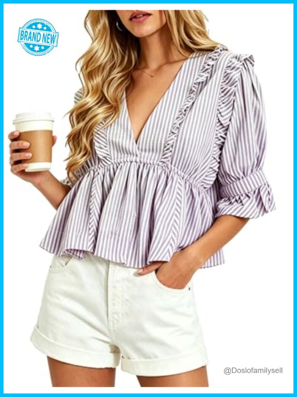 Womens V Neck Short Sleeve Crop Top Striped Peplum Blouse